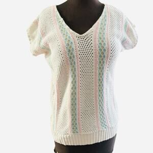 Vintage 80s Clifton Place Pastel Open Knit Sweater Cottagecore Boho Womens Sz S